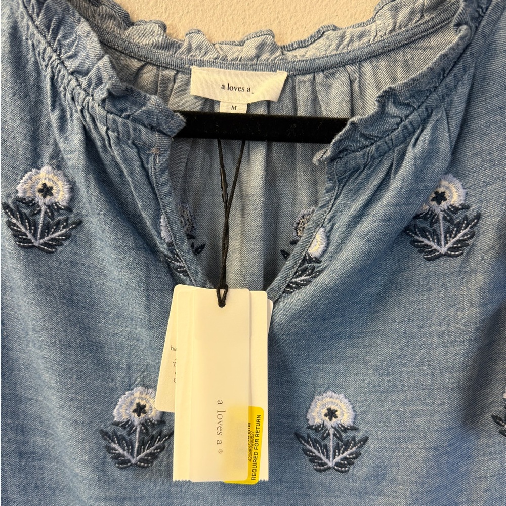 A Loves A Chambray Embroidered Ruffle Tiered Dress with Pockets | Size M | NWT - Picture 5 of 11